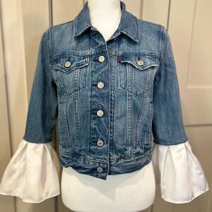 Reworked Levi Strauss Blue Denim Jean Jacket with White Bell Cuffs